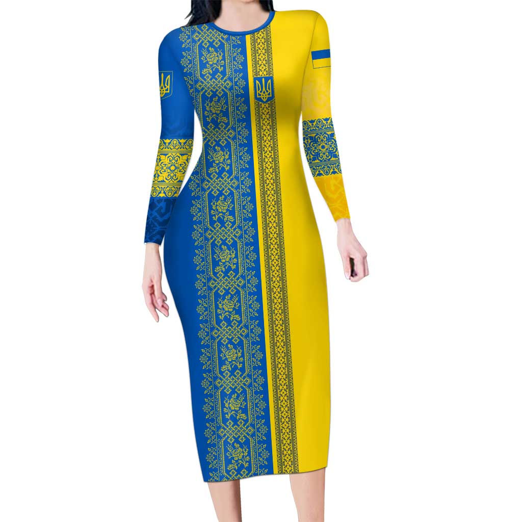 Ukrainian Flag Colors Long Sleeve Bodycon Dress with Trident Crest and Traditional Folk Pattern