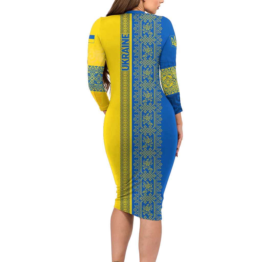 Ukrainian Flag Colors Long Sleeve Bodycon Dress with Trident Crest and Traditional Folk Pattern