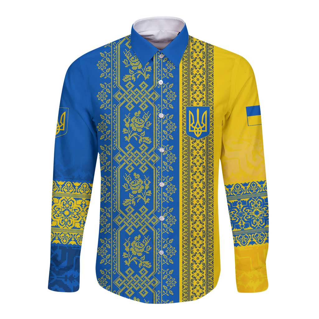 Ukrainian Flag Colors Long Sleeve Button Shirt with Trident Crest and Traditional Folk Pattern