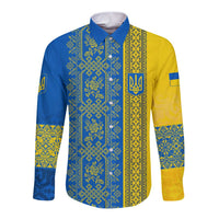 Ukrainian Flag Colors Long Sleeve Button Shirt with Trident Crest and Traditional Folk Pattern