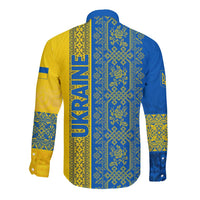 Ukrainian Flag Colors Long Sleeve Button Shirt with Trident Crest and Traditional Folk Pattern
