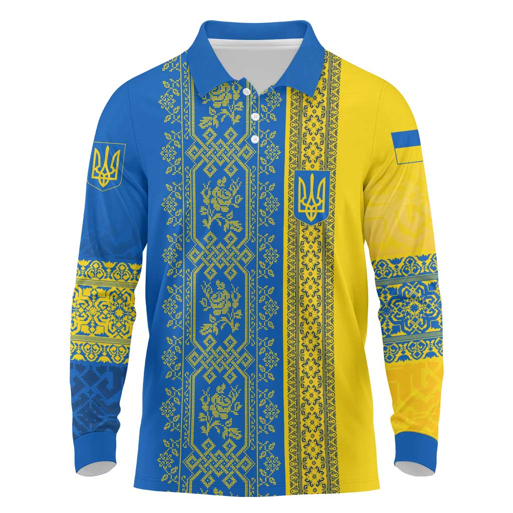 Ukrainian Flag Colors Long Sleeve Polo Shirt with Trident Crest and Traditional Folk Pattern