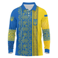 Ukrainian Flag Colors Long Sleeve Polo Shirt with Trident Crest and Traditional Folk Pattern