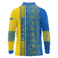 Ukrainian Flag Colors Long Sleeve Polo Shirt with Trident Crest and Traditional Folk Pattern