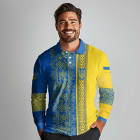 Ukrainian Flag Colors Long Sleeve Polo Shirt with Trident Crest and Traditional Folk Pattern