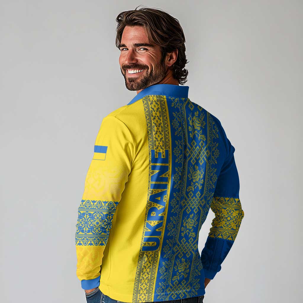 Ukrainian Flag Colors Long Sleeve Polo Shirt with Trident Crest and Traditional Folk Pattern