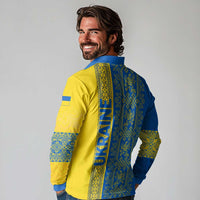 Ukrainian Flag Colors Long Sleeve Polo Shirt with Trident Crest and Traditional Folk Pattern