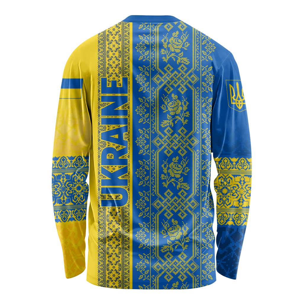 Ukrainian Flag Colors Long Sleeve Shirt with Trident Crest and Traditional Folk Pattern