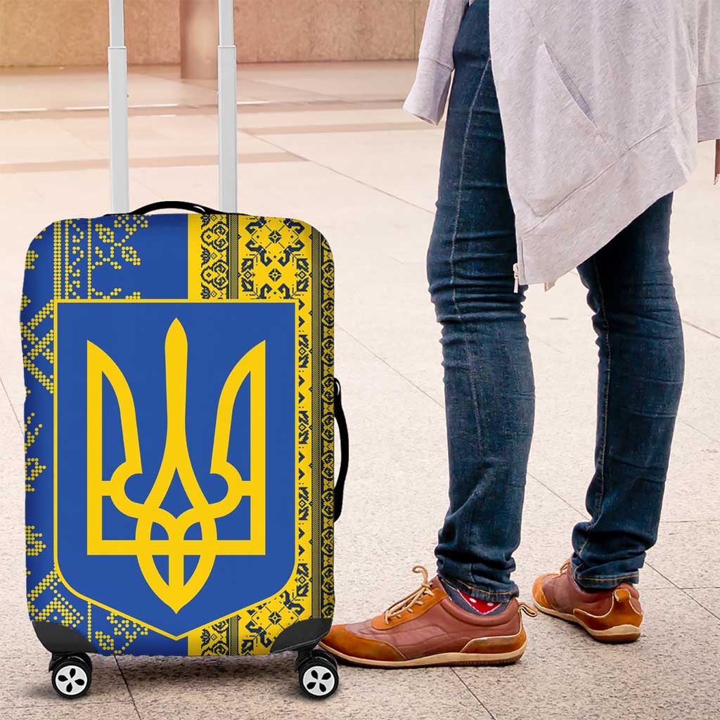 Ukrainian Flag Colors Luggage Cover with Trident Crest and Traditional Folk Pattern