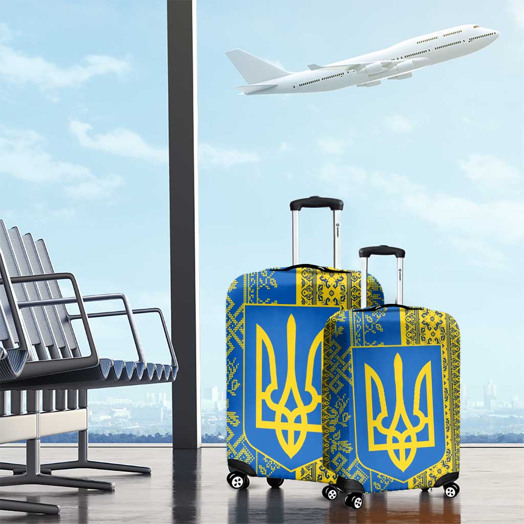 Ukrainian Flag Colors Luggage Cover with Trident Crest and Traditional Folk Pattern