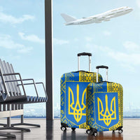 Ukrainian Flag Colors Luggage Cover with Trident Crest and Traditional Folk Pattern