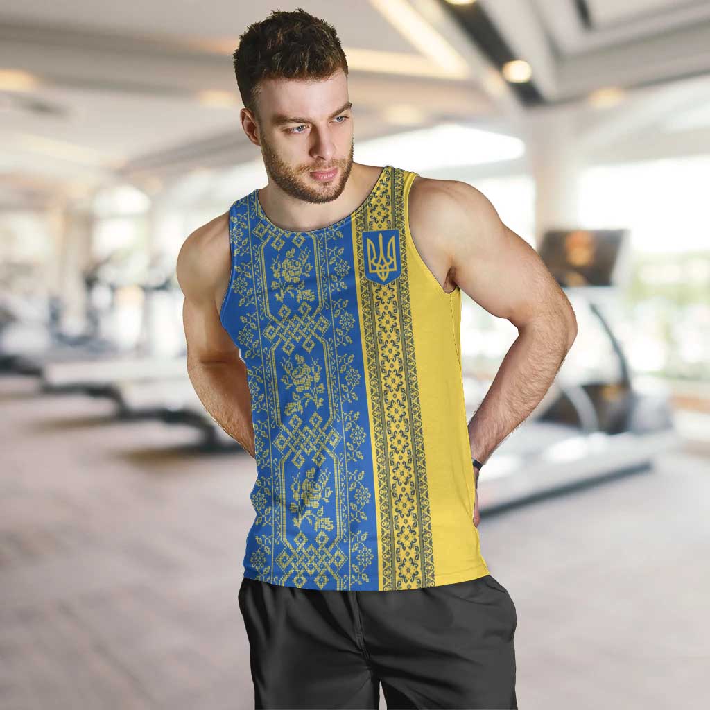 Ukrainian Flag Colors Men Tank Top with Trident Crest and Traditional Folk Pattern