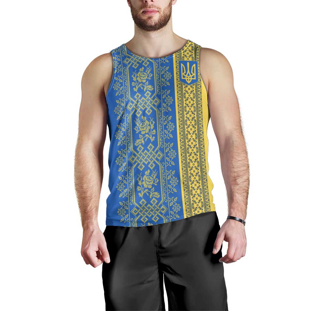 Ukrainian Flag Colors Men Tank Top with Trident Crest and Traditional Folk Pattern