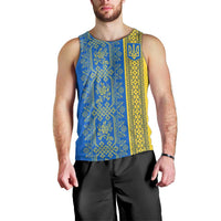 Ukrainian Flag Colors Men Tank Top with Trident Crest and Traditional Folk Pattern