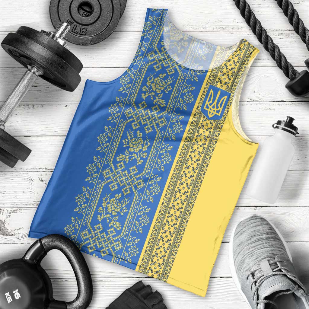 Ukrainian Flag Colors Men Tank Top with Trident Crest and Traditional Folk Pattern