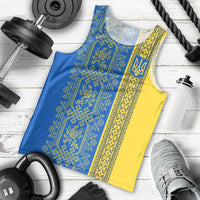Ukrainian Flag Colors Men Tank Top with Trident Crest and Traditional Folk Pattern