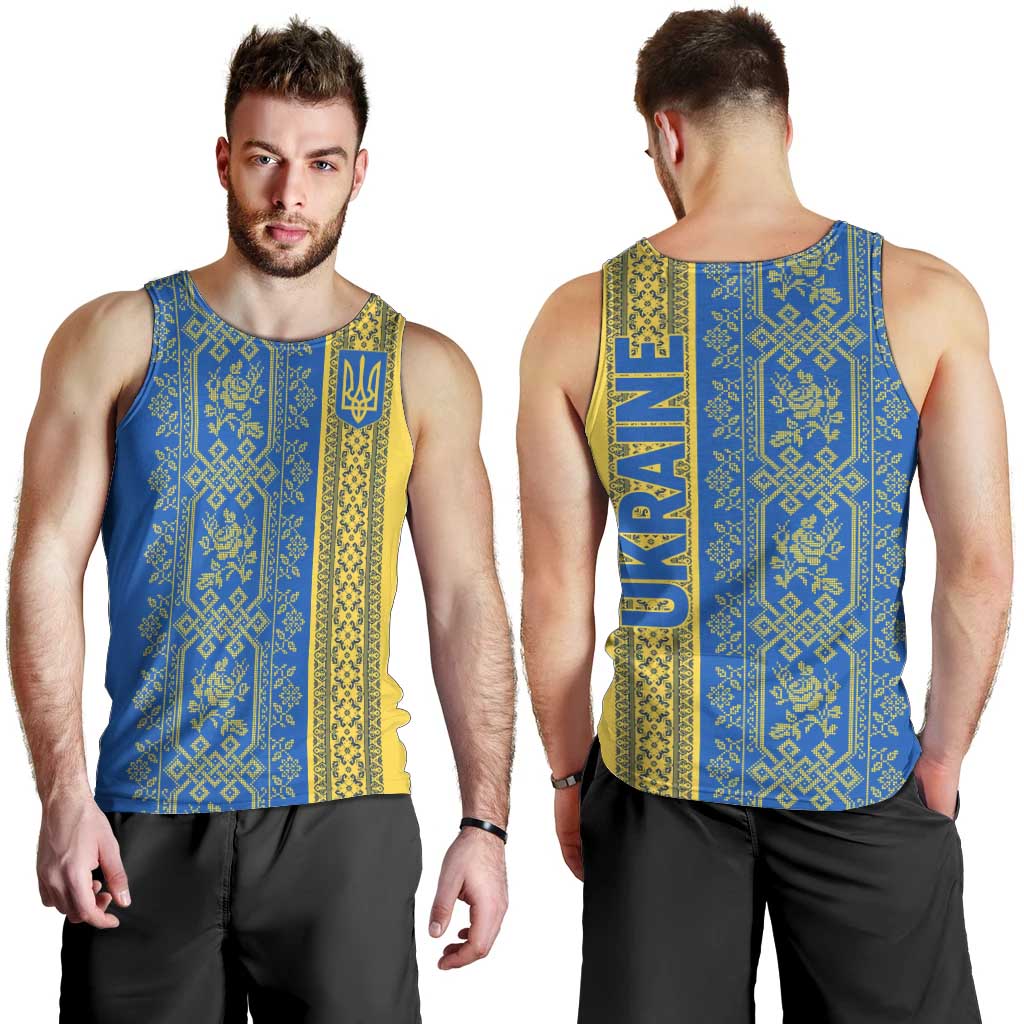 Ukrainian Flag Colors Men Tank Top with Trident Crest and Traditional Folk Pattern