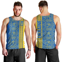 Ukrainian Flag Colors Men Tank Top with Trident Crest and Traditional Folk Pattern