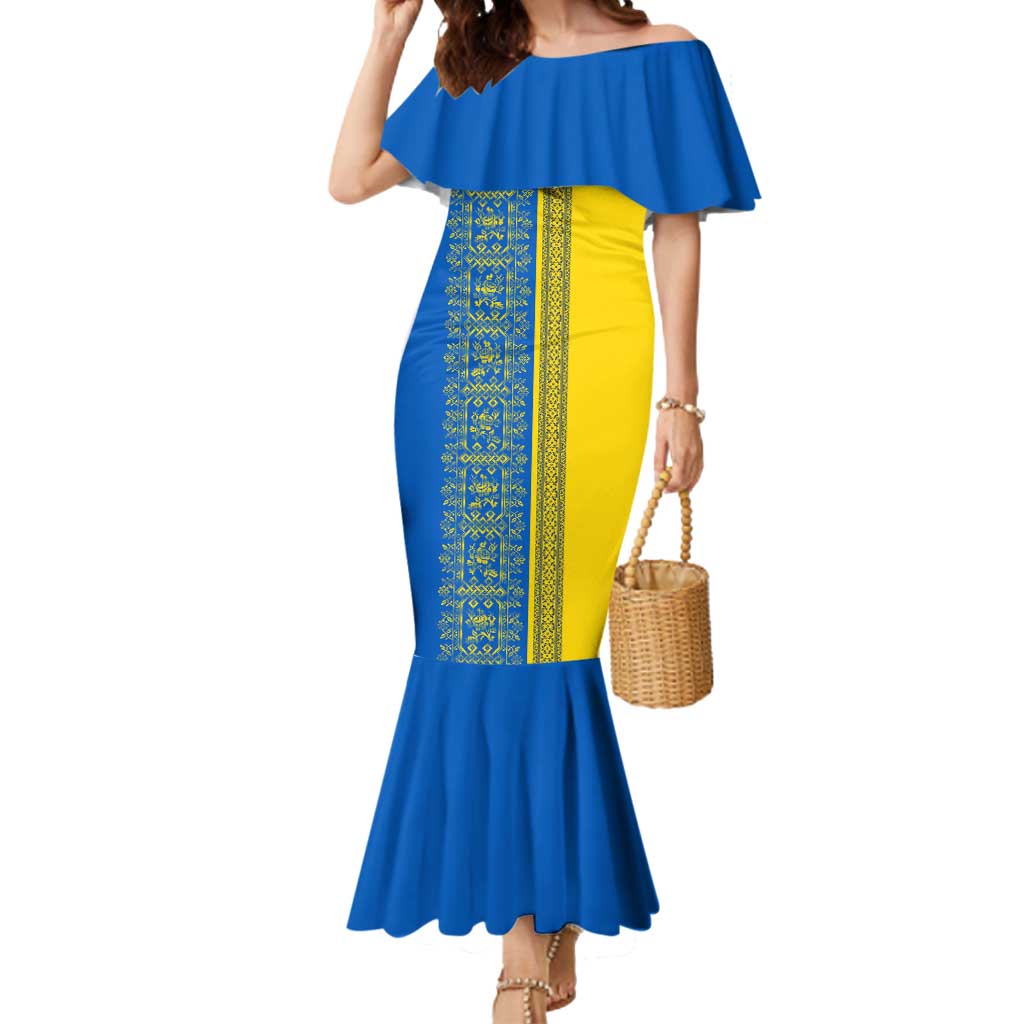 Ukrainian Flag Colors Mermaid Dress with Trident Crest and Traditional Folk Pattern