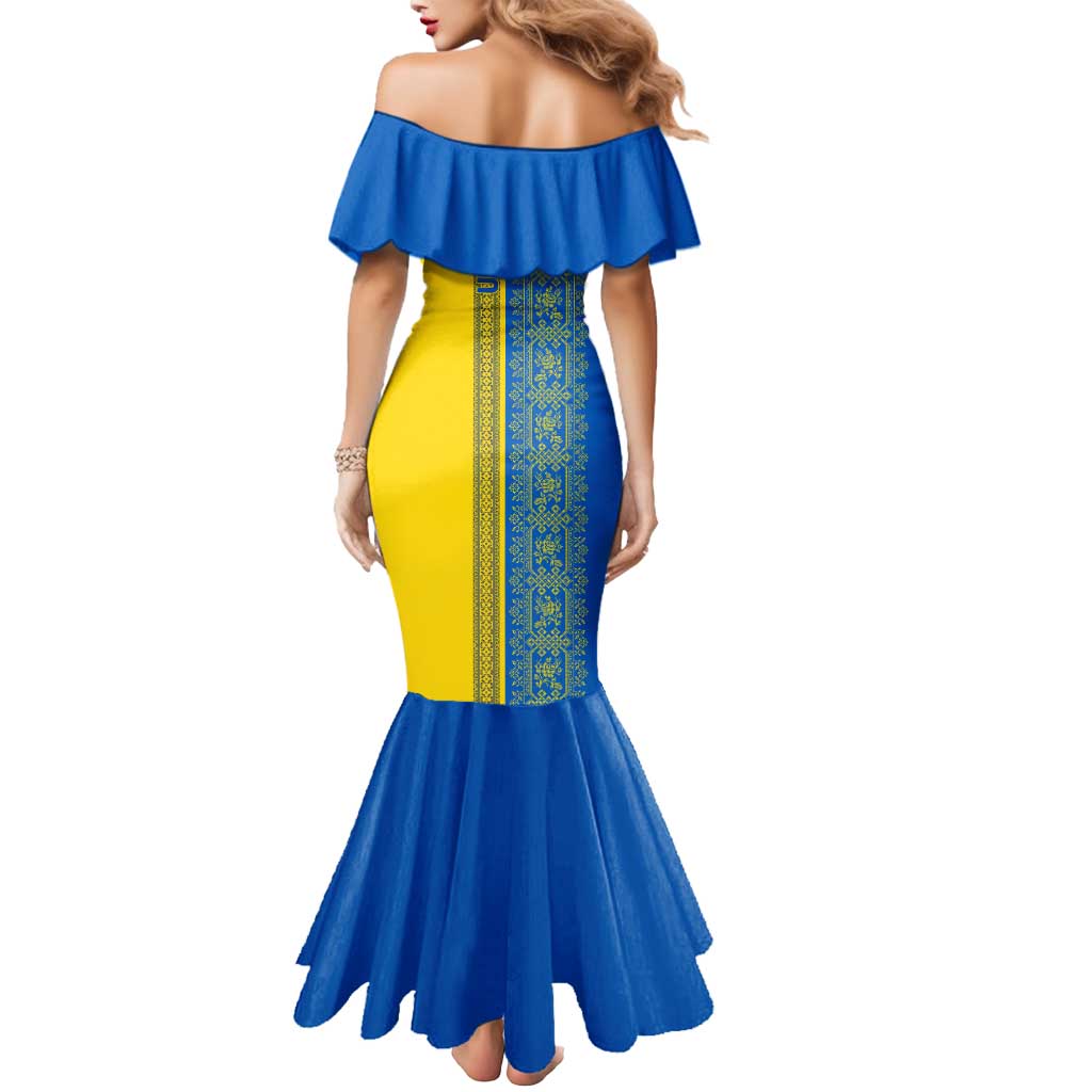 Ukrainian Flag Colors Mermaid Dress with Trident Crest and Traditional Folk Pattern