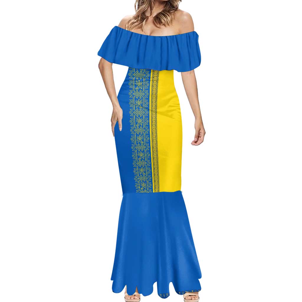 Ukrainian Flag Colors Mermaid Dress with Trident Crest and Traditional Folk Pattern