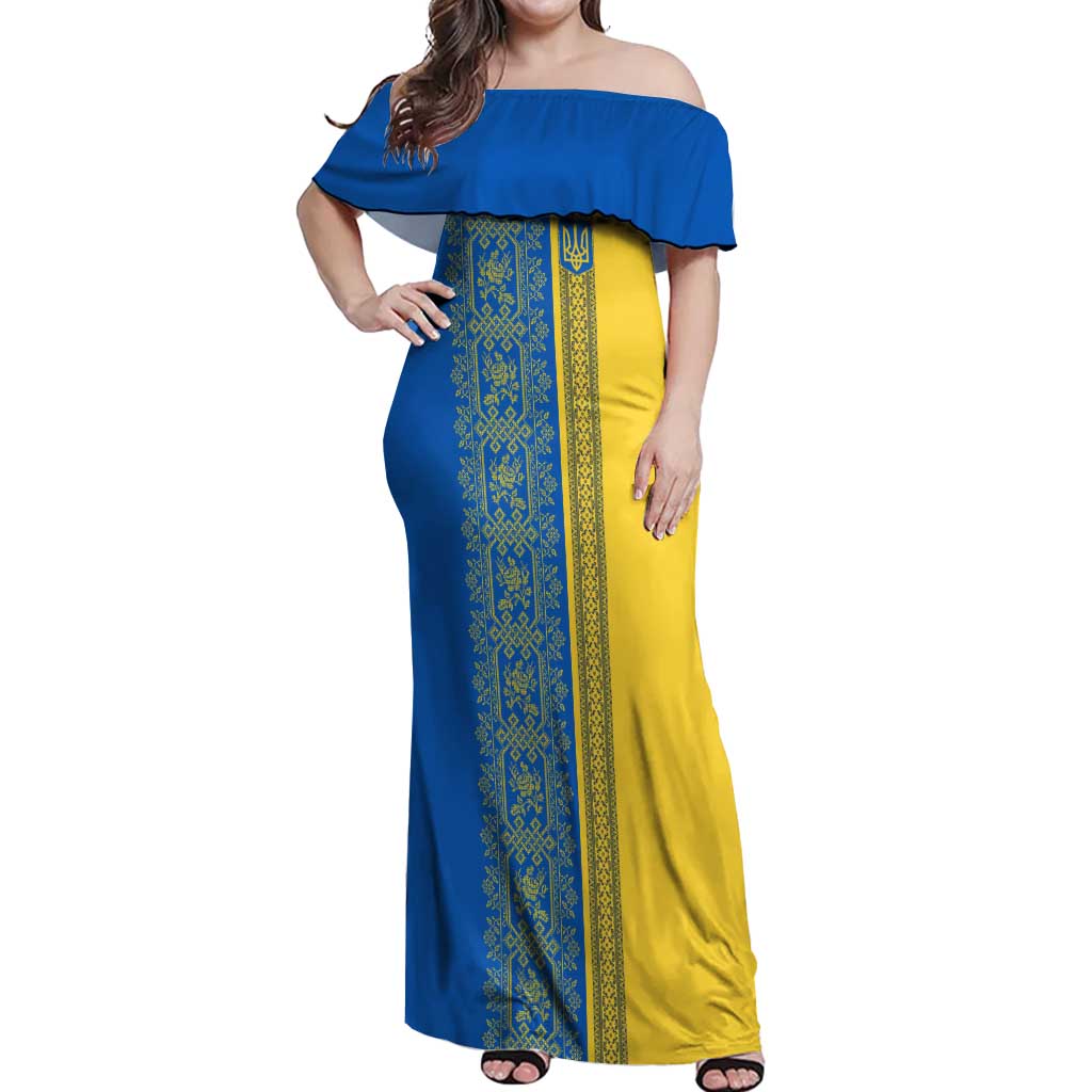 Ukrainian Flag Colors Off Shoulder Maxi Dress with Trident Crest and Traditional Folk Pattern