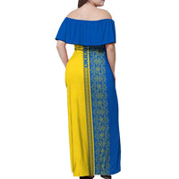 Ukrainian Flag Colors Off Shoulder Maxi Dress with Trident Crest and Traditional Folk Pattern