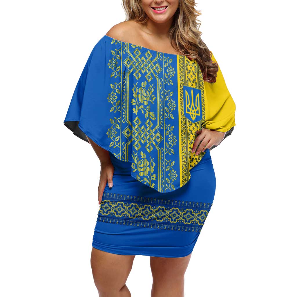 Ukrainian Flag Colors Off Shoulder Short Dress with Trident Crest and Traditional Folk Pattern