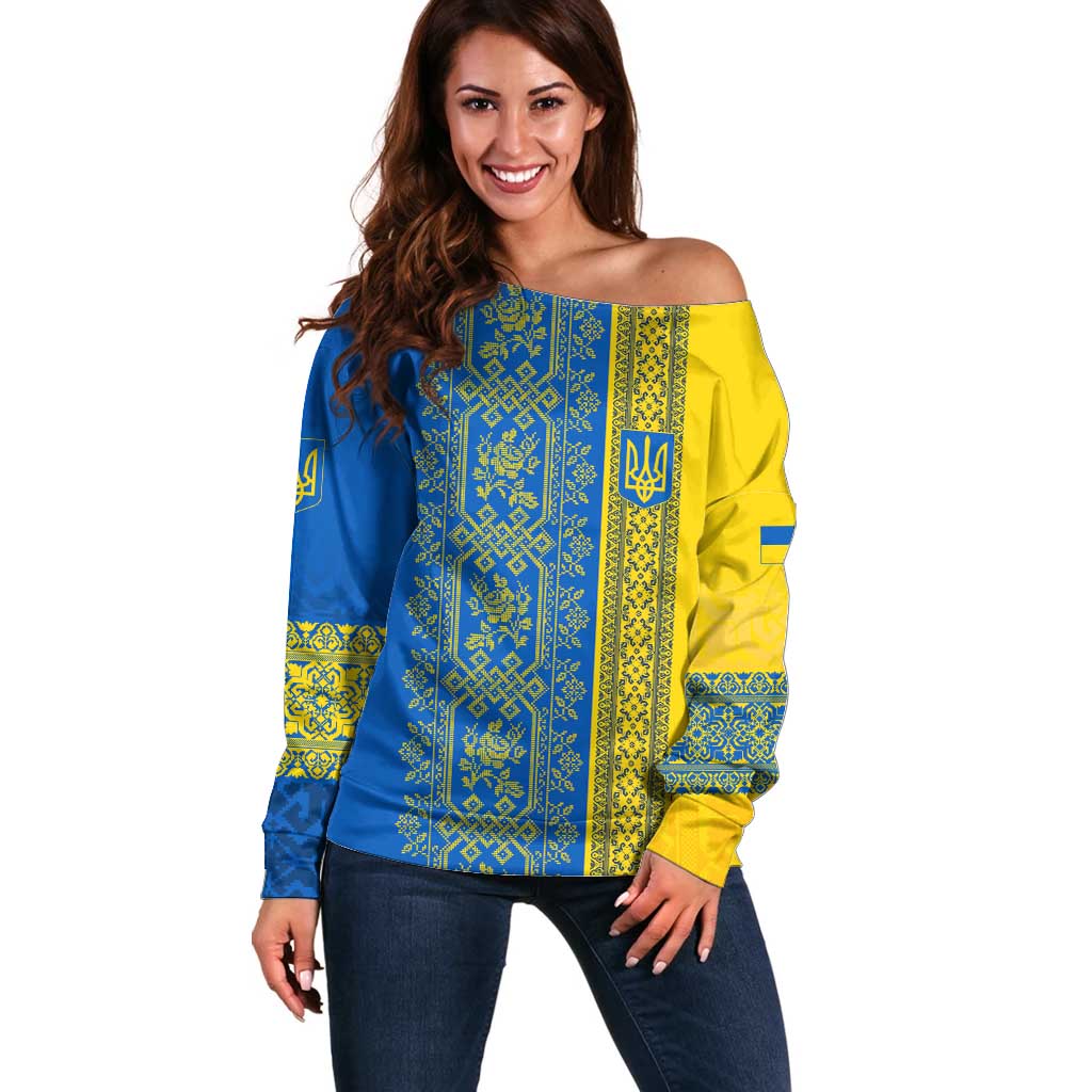 Ukrainian Flag Colors Off Shoulder Sweater with Trident Crest and Traditional Folk Pattern