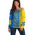 Ukrainian Flag Colors Off Shoulder Sweater with Trident Crest and Traditional Folk Pattern