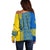 Ukrainian Flag Colors Off Shoulder Sweater with Trident Crest and Traditional Folk Pattern