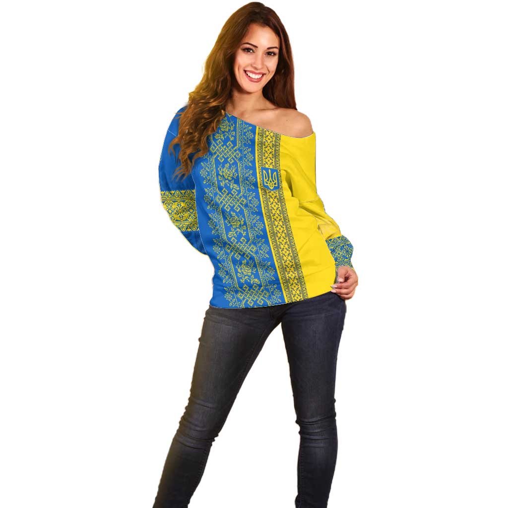 Ukrainian Flag Colors Off Shoulder Sweater with Trident Crest and Traditional Folk Pattern