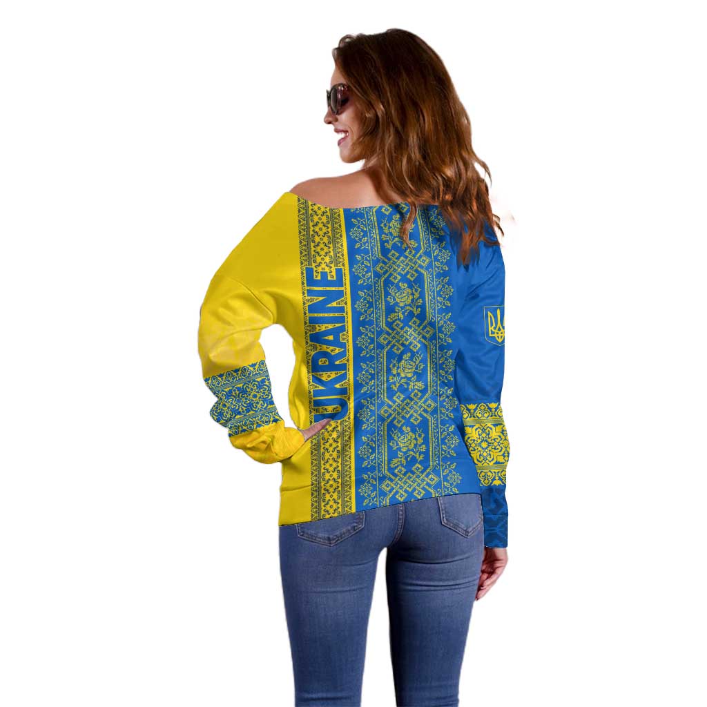 Ukrainian Flag Colors Off Shoulder Sweater with Trident Crest and Traditional Folk Pattern