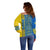 Ukrainian Flag Colors Off Shoulder Sweater with Trident Crest and Traditional Folk Pattern