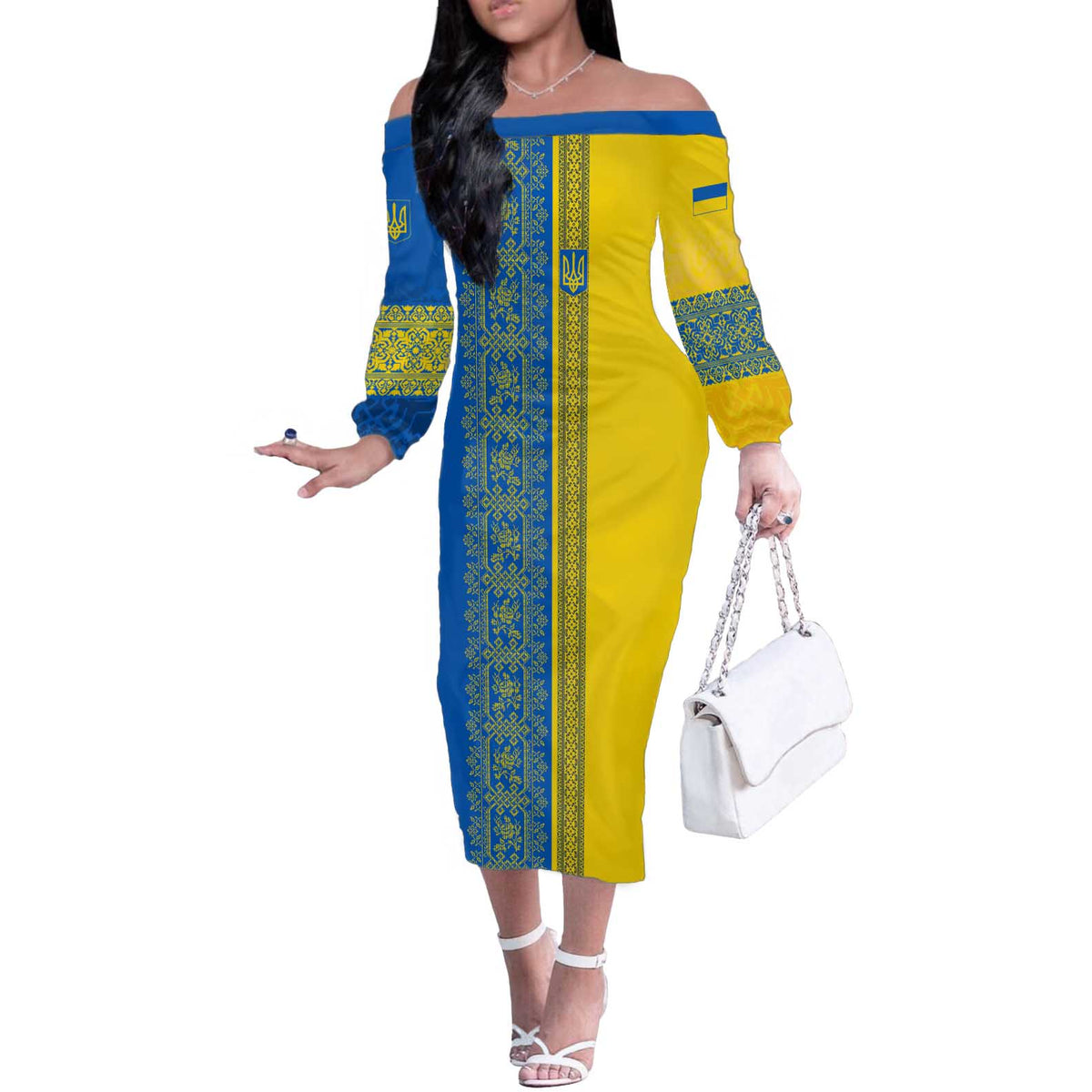 Ukrainian Flag Colors Off The Shoulder Long Sleeve Dress with Trident Crest and Traditional Folk Pattern