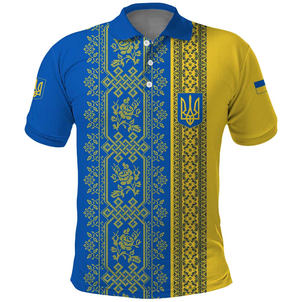 Ukrainian Flag Colors Polo Shirt with Trident Crest and Traditional Folk Pattern