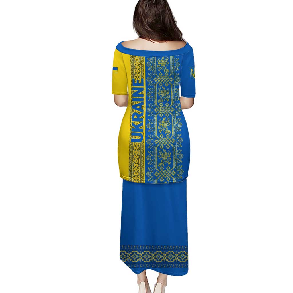 Ukrainian Flag Colors Puletasi with Trident Crest and Traditional Folk Pattern