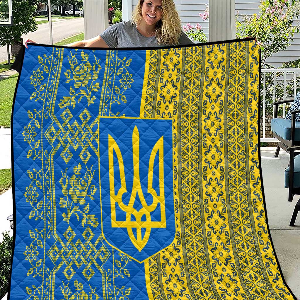 Ukrainian Flag Colors Quilt with Trident Crest and Traditional Folk Pattern