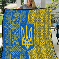 Ukrainian Flag Colors Quilt with Trident Crest and Traditional Folk Pattern