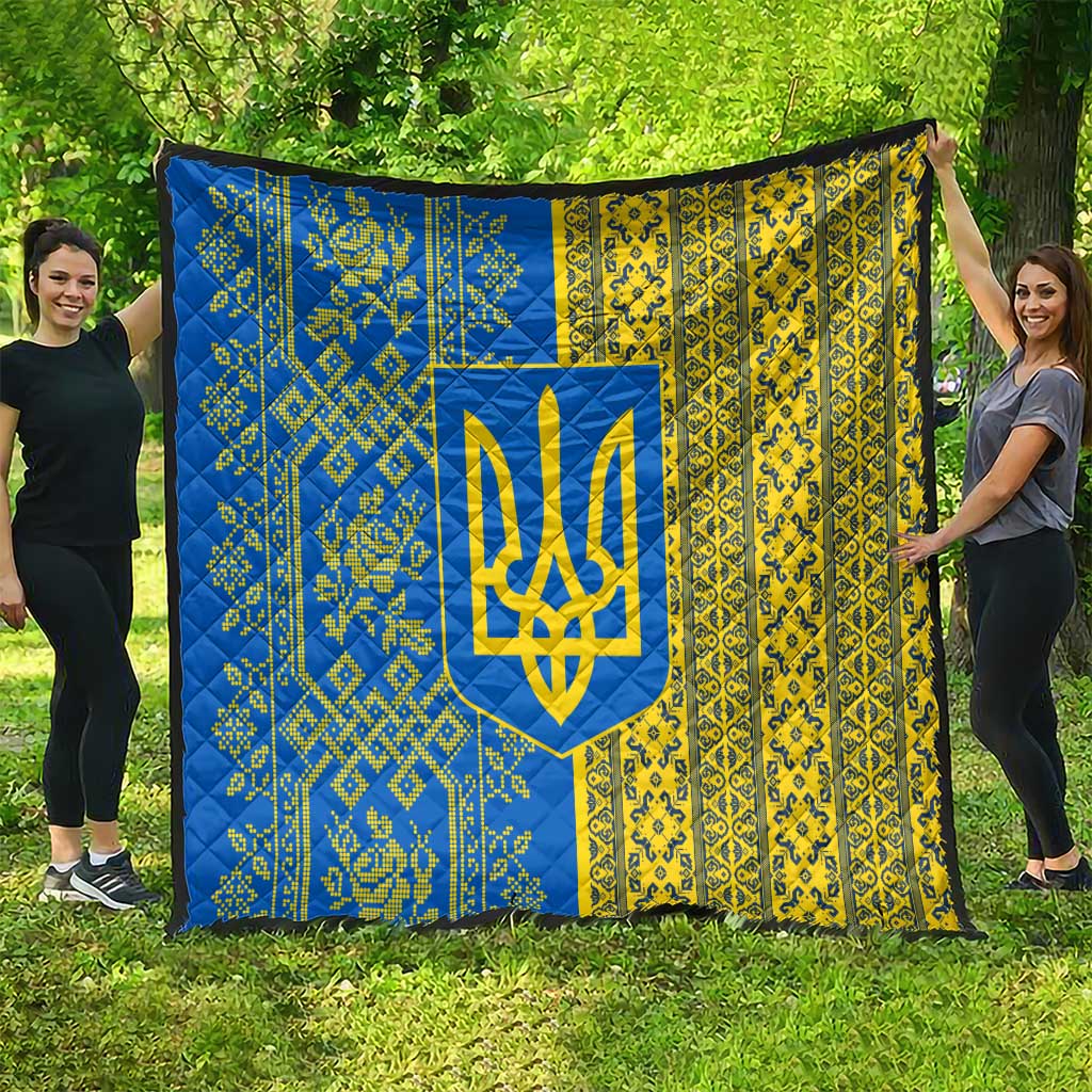 Ukrainian Flag Colors Quilt with Trident Crest and Traditional Folk Pattern