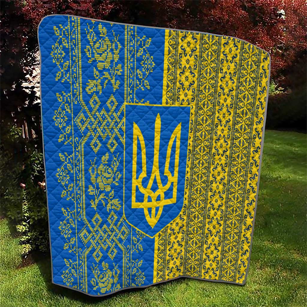Ukrainian Flag Colors Quilt with Trident Crest and Traditional Folk Pattern