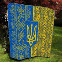 Ukrainian Flag Colors Quilt with Trident Crest and Traditional Folk Pattern