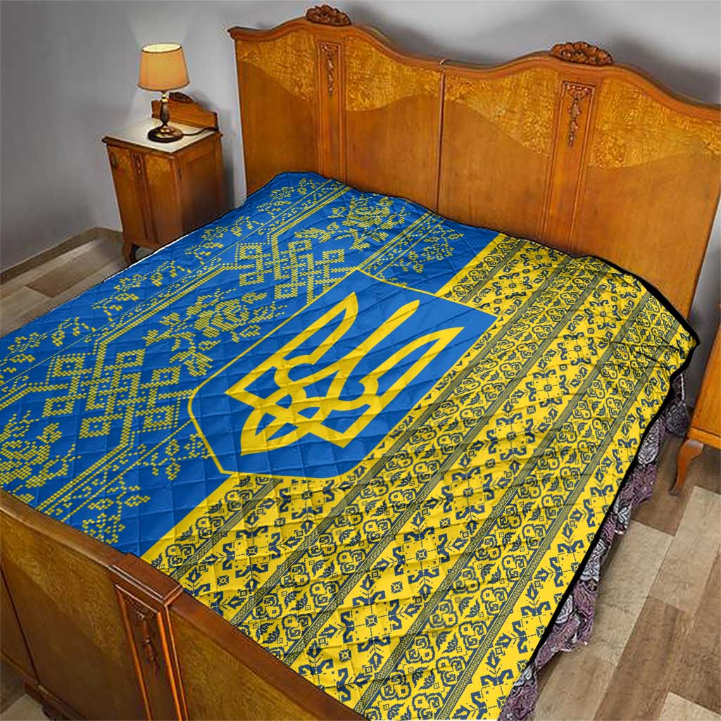 Ukrainian Flag Colors Quilt with Trident Crest and Traditional Folk Pattern
