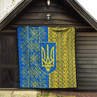Ukrainian Flag Colors Quilt with Trident Crest and Traditional Folk Pattern