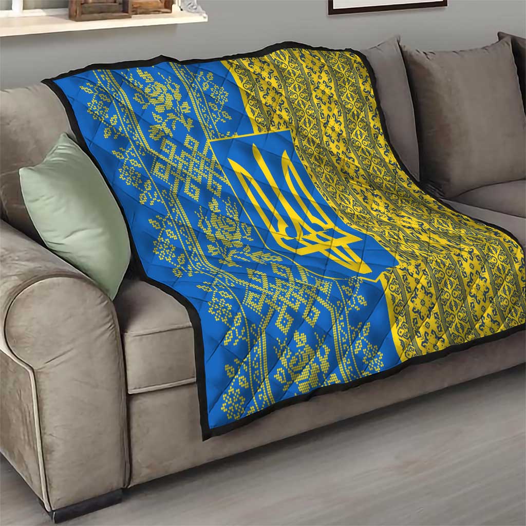 Ukrainian Flag Colors Quilt with Trident Crest and Traditional Folk Pattern