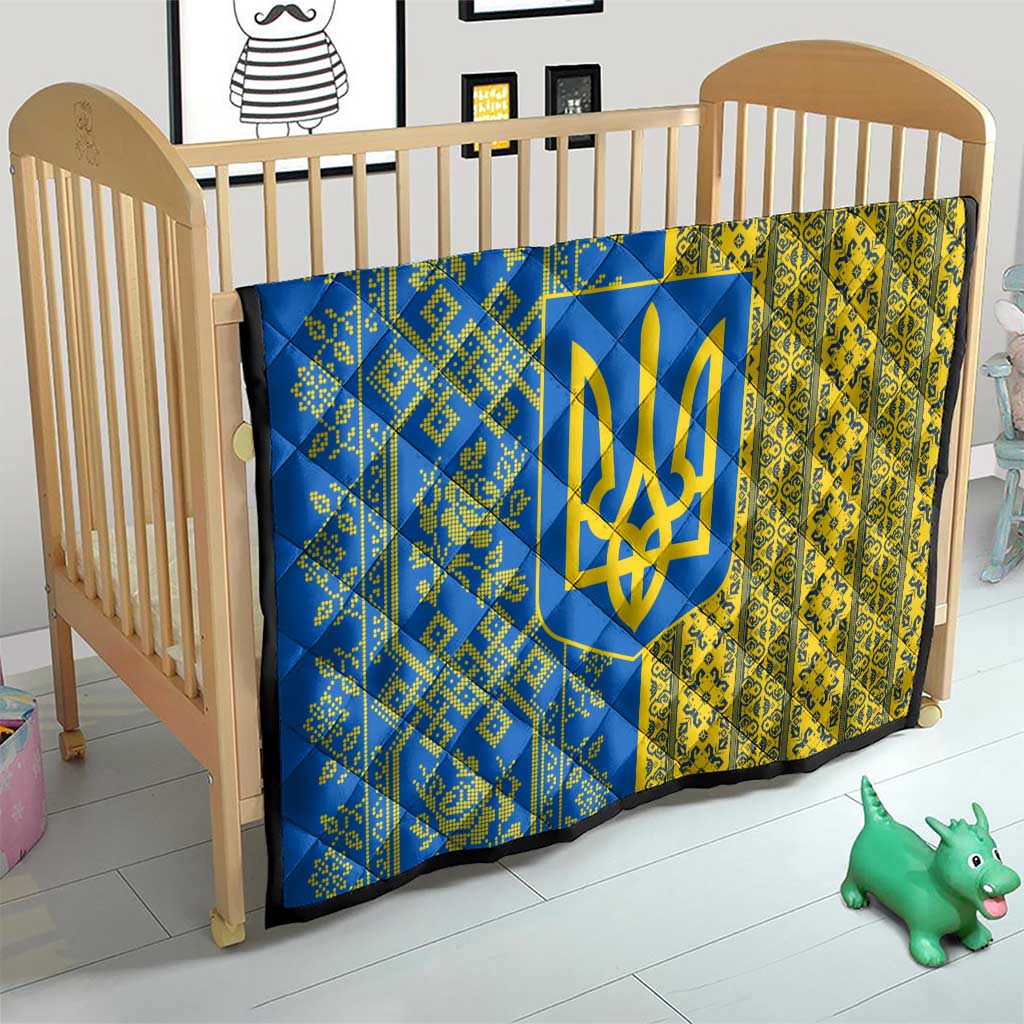 Ukrainian Flag Colors Quilt with Trident Crest and Traditional Folk Pattern