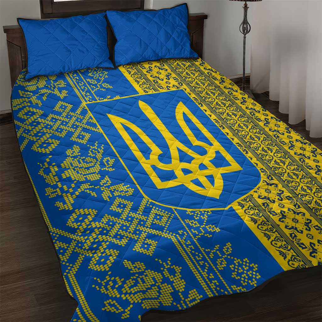 Ukrainian Flag Colors Quilt Bed Set with Trident Crest and Traditional Folk Pattern