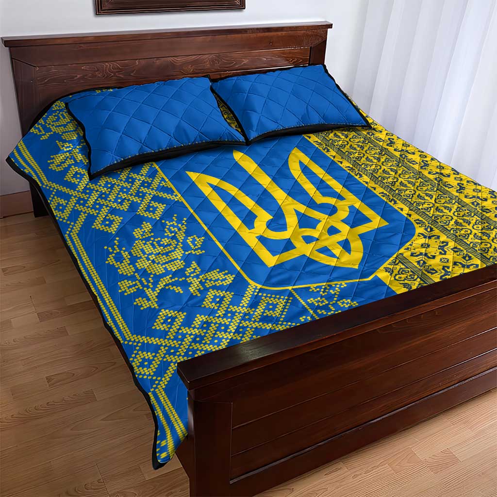 Ukrainian Flag Colors Quilt Bed Set with Trident Crest and Traditional Folk Pattern