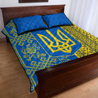Ukrainian Flag Colors Quilt Bed Set with Trident Crest and Traditional Folk Pattern