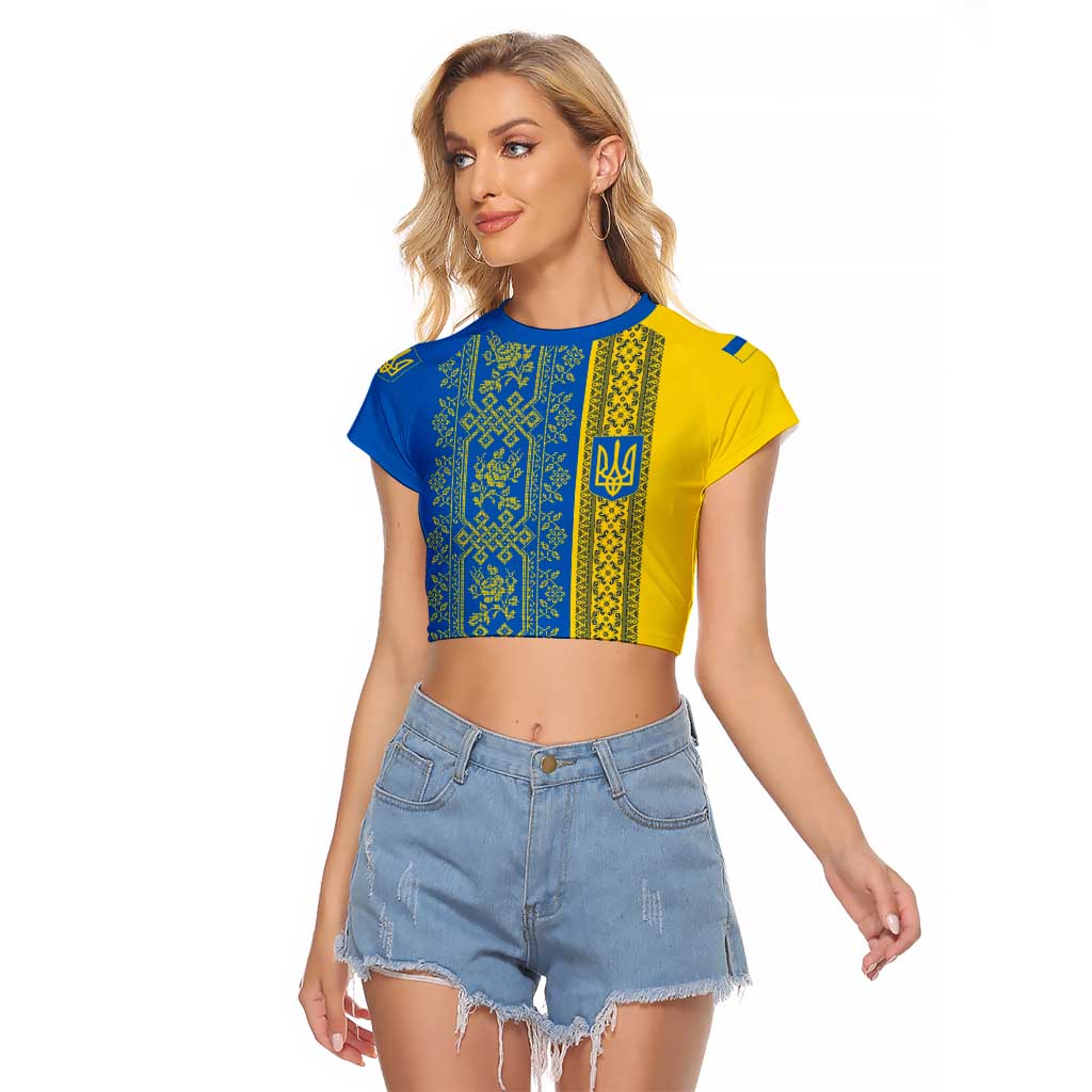 Ukrainian Flag Colors Raglan Cropped T Shirt with Trident Crest and Traditional Folk Pattern